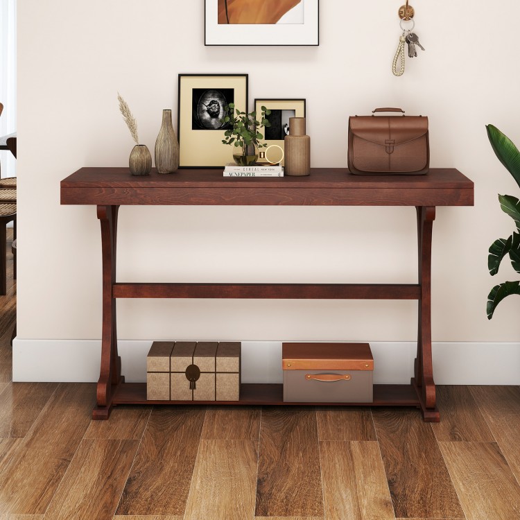 Narrow vintage console table with open storage shelf in walnut, featuring curved legs, ideal for entryways and living.