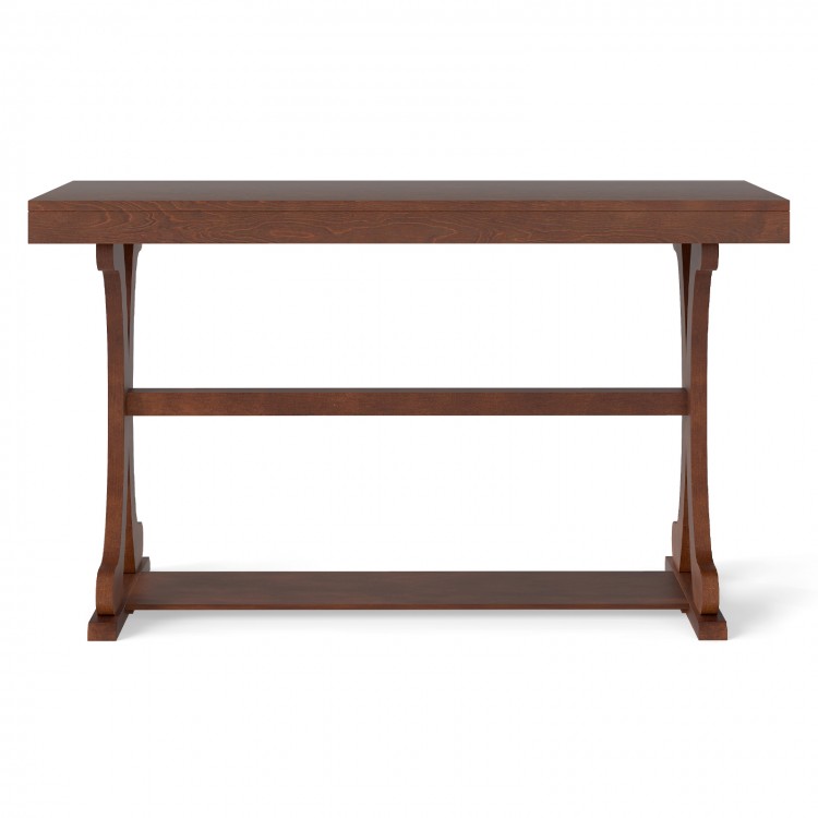 Narrow walnut console table with open storage shelf and vintage curved legs, ideal for entryways and living rooms.