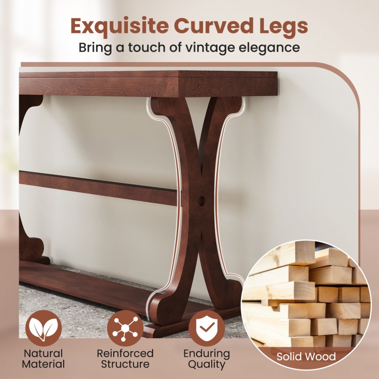 Narrow 52-inch vintage console table with open storage shelf, crafted from solid wood for living rooms and entryways.