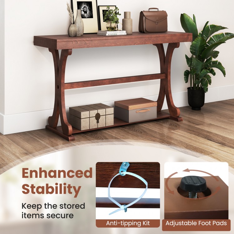 Narrow vintage console table with open storage shelf, walnut finish, and anti-tipping kit for enhanced stability.