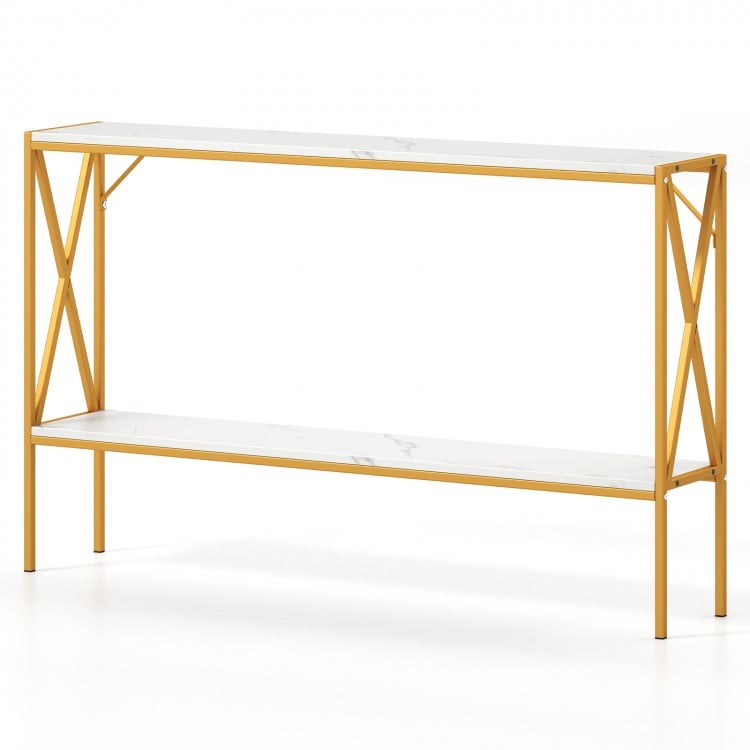 Narrow console table with white faux marble top and gold X-shaped frame, ideal for entryways and small spaces.