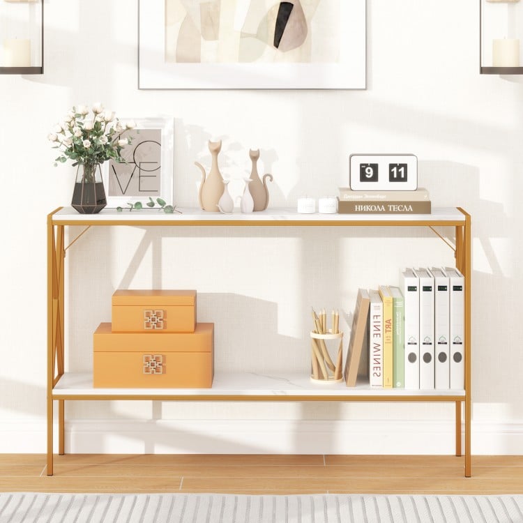 Narrow 2-tier console table with white faux marble top, ideal for entryways or small spaces, featuring gold frame.