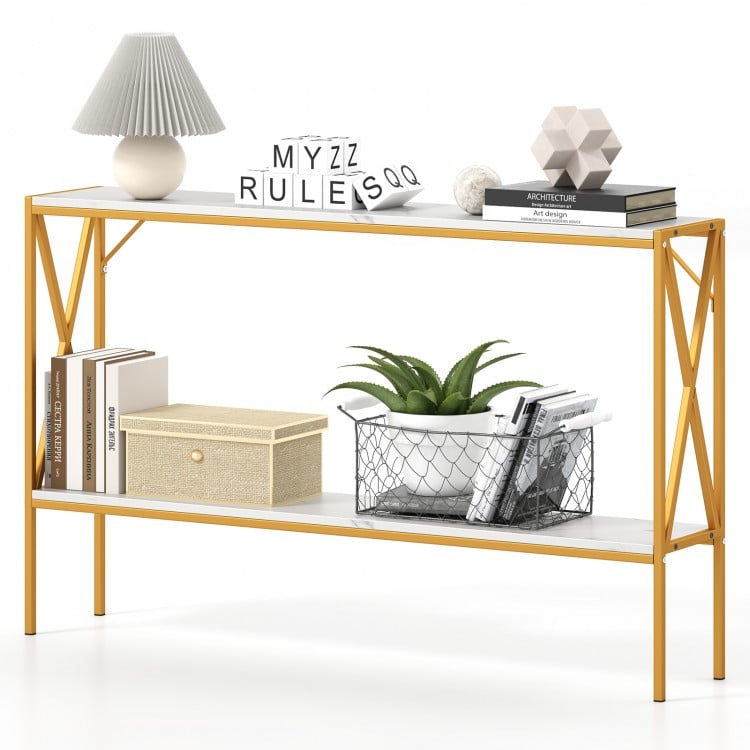 Narrow 2-tier console table with white faux marble top and gold X-shaped frame, ideal for entryways or small spaces.