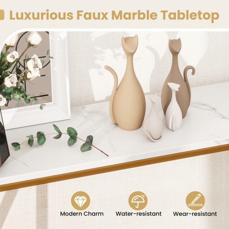 Narrow console table with a luxurious faux marble tabletop, ideal for entryways and small spaces, featuring.