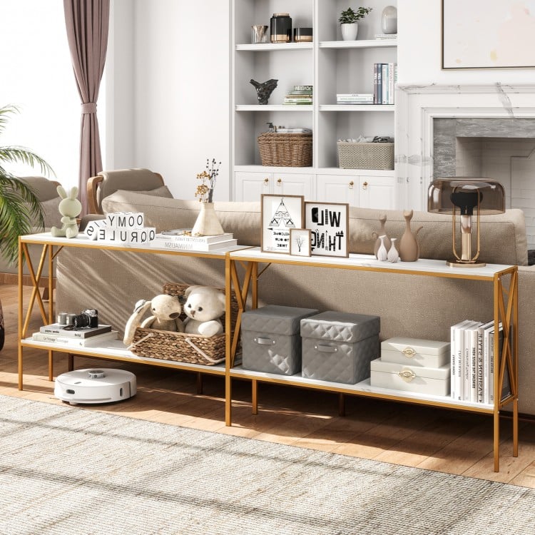 Narrow 2-tier console table with white faux marble top, ideal for entryway or small spaces, featuring stable X-shaped.