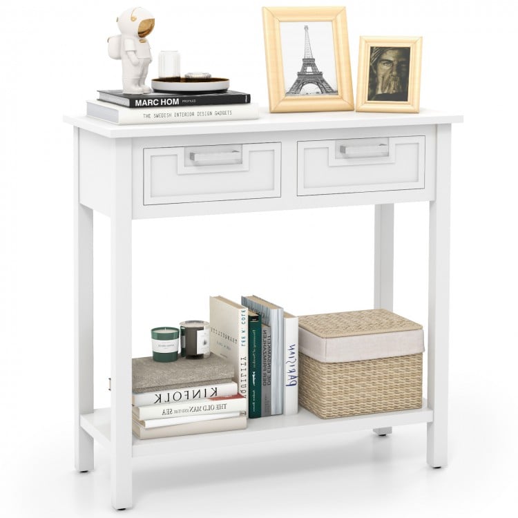 Narrow white console table with two drawers and open shelf, perfect for storage and display in any entryway or living.