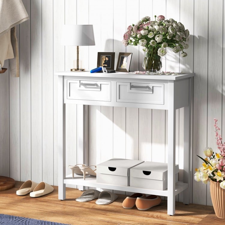 Narrow white console table with drawers and open storage shelf, perfect for entryway or living room organization.