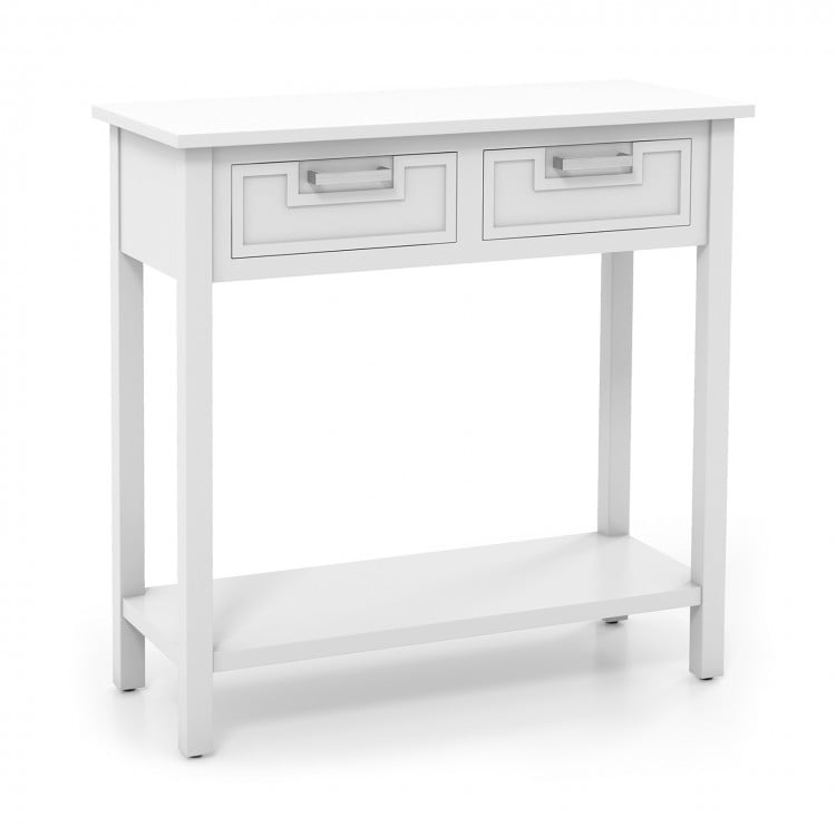 Narrow white console table with two drawers and open storage shelf, ideal for foyer or living room decor.