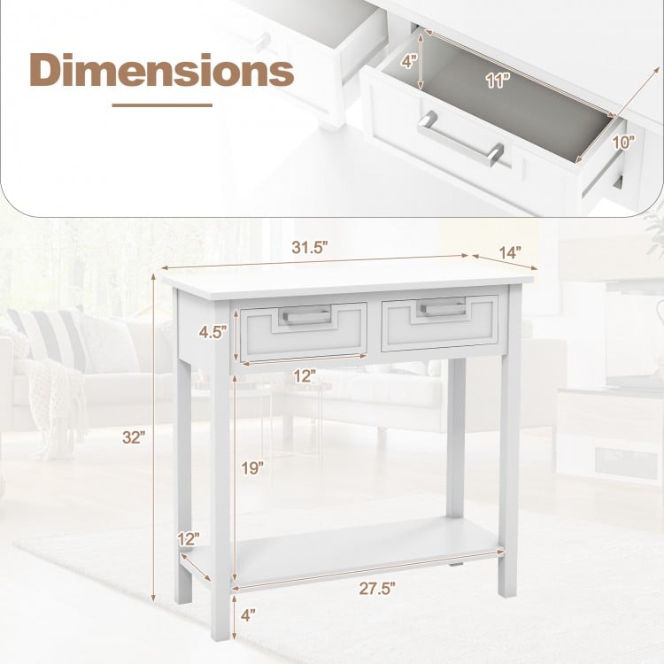 Narrow console table with drawers and open shelf, featuring a white finish and dimensions for versatile placement.