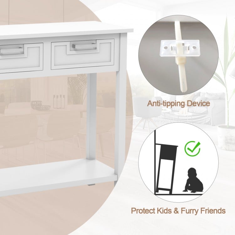 Narrow white console table with drawers, anti-tipping device for safety, ideal for foyer or living room use.