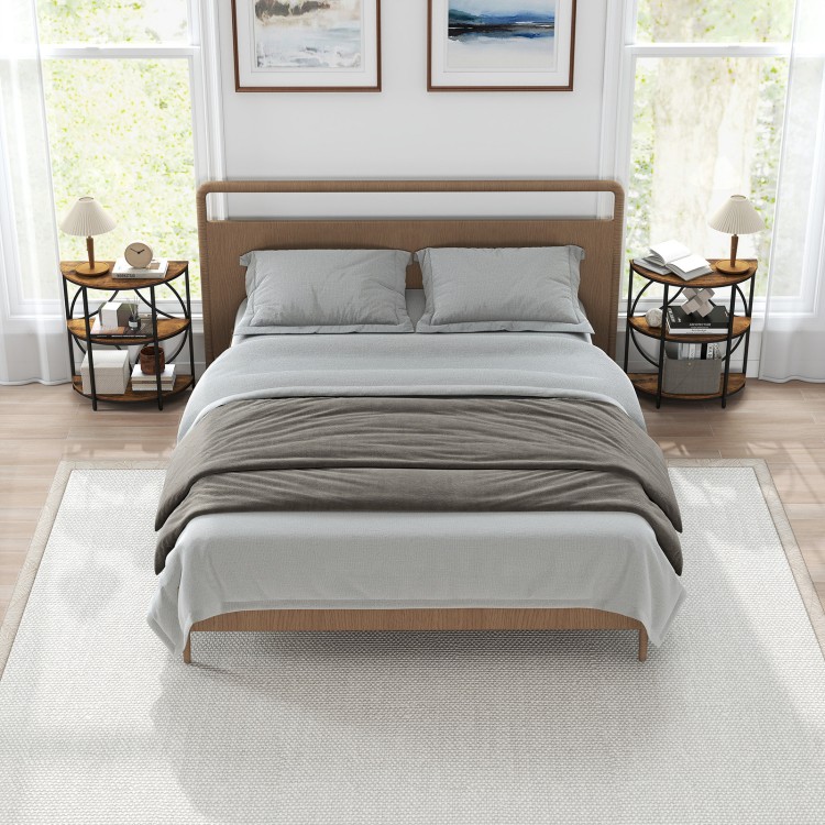 Narrow side table with a rustic brown finish and metal frame, featuring storage shelves for versatile use in any room.