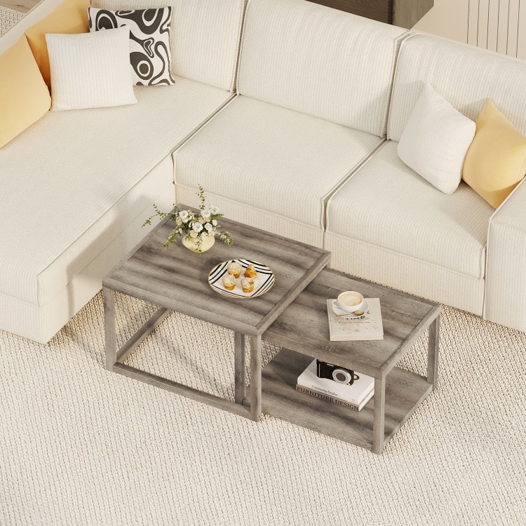 Nesting coffee table set of 2 in gray with spacious tabletop and bottom shelf, ideal for living room or office use.