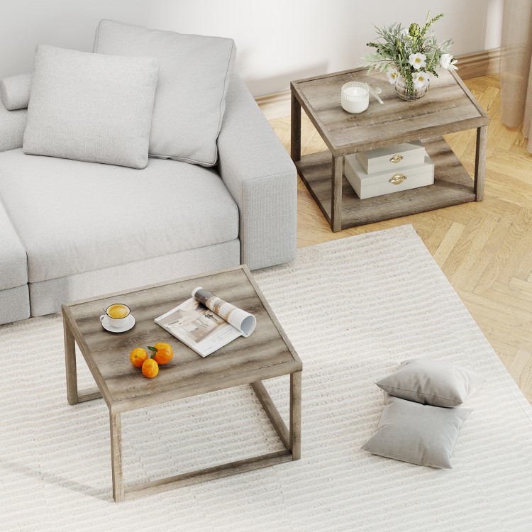 Gray nesting coffee table set of 2 with spacious tabletop and bottom shelf, perfect for living room or office storage.