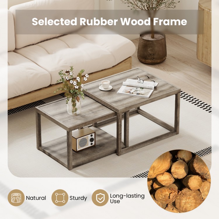 Nesting coffee table set of 2 in gray with rubber wood frame, perfect for living room storage and organization.