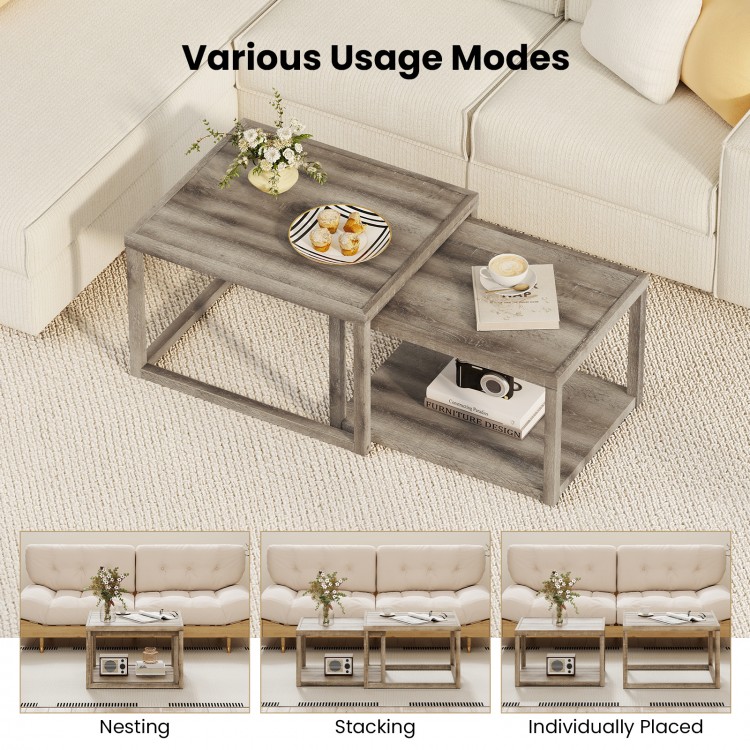 Nesting coffee table set of 2 in gray, showcasing stacking and individual placement options for versatile living room.