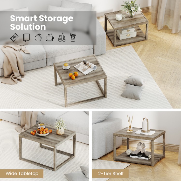 Gray nesting coffee table set with spacious tabletop and bottom shelf, perfect for organized storage in any room.