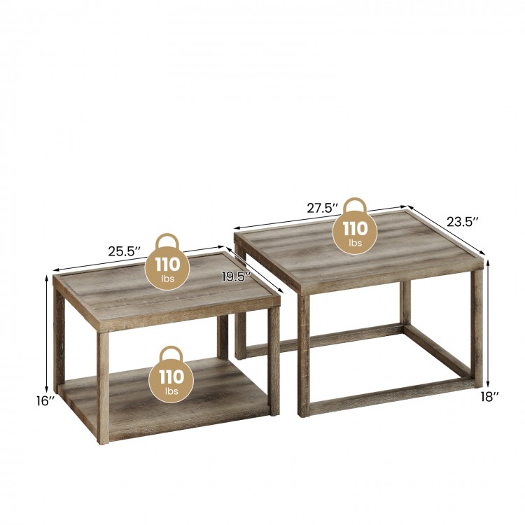 Nesting coffee table set of 2 in gray with spacious tabletop and bottom shelf, perfect for living room or office use.