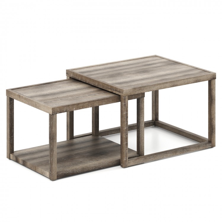 Gray nesting coffee table set of 2 showcasing unique wood grain detail, perfect for stylish and organized living spaces.