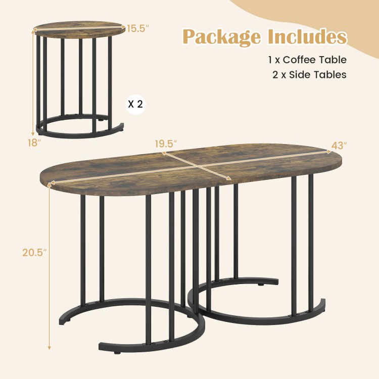 Nesting coffee table set of 3 with faux marble tabletop and powder-coated gold metal frame in rustic brown for versatile use.