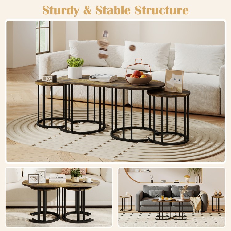 Nesting coffee table set of 3 with faux marble tabletop and powder-coated gold metal frame for versatile living room use.