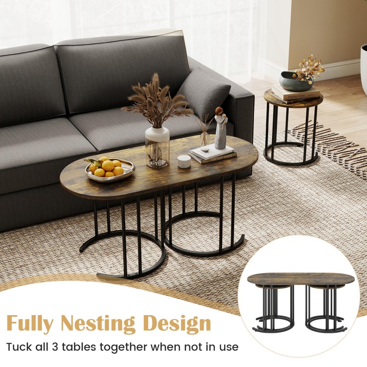 Nesting coffee table set of 3 with faux marble tabletop and gold metal frame, perfect for flexible living room layouts.