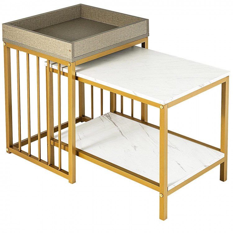 Nesting coffee table set featuring a white MDF surface and gold steel frame, ideal for living room storage and display.