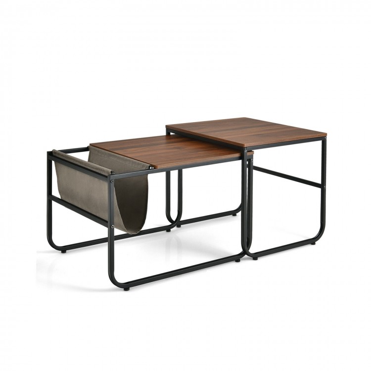 Compact nesting coffee table in rustic brown with a storage bag, ideal for small spaces in living room or bedroom.