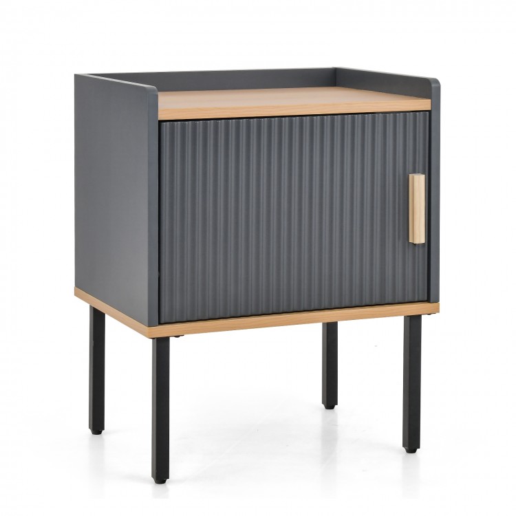 Gray nightstand with a single door cabinet and wooden handle, perfect for bedroom or living room storage.