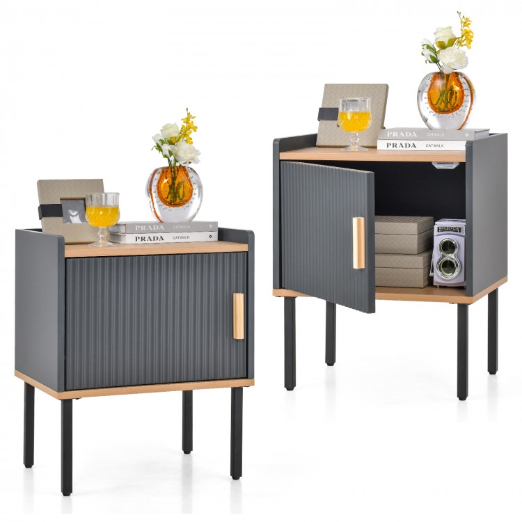 Gray nightstand with a door cabinet, engineered wood, and metal legs, perfect for living room or bedroom storage.
