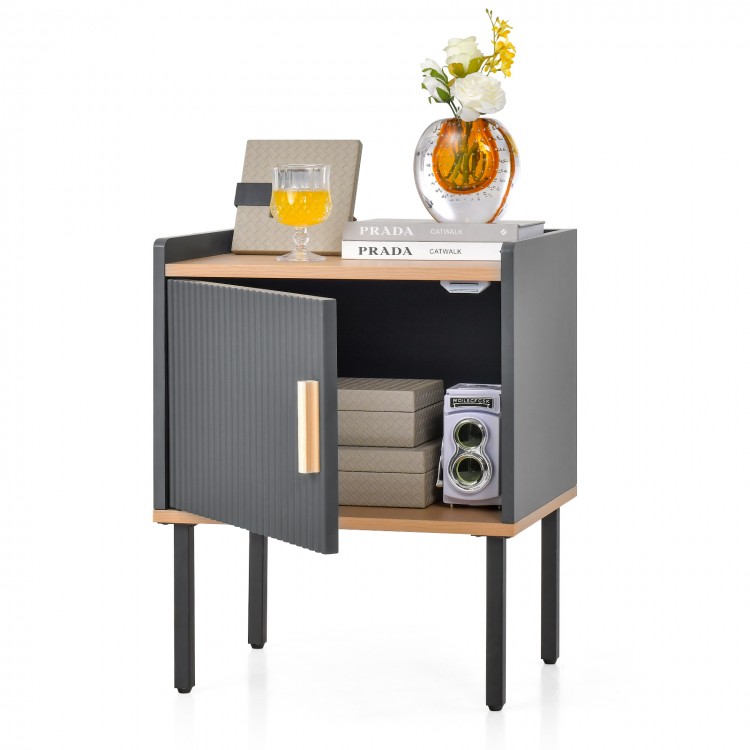 Gray nightstand with a single door cabinet, engineered wood, and metal legs, perfect for living room or bedroom use.