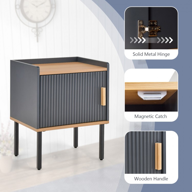 Gray nightstand with wooden handle, single door cabinet, and stable metal legs for living room or bedroom use.