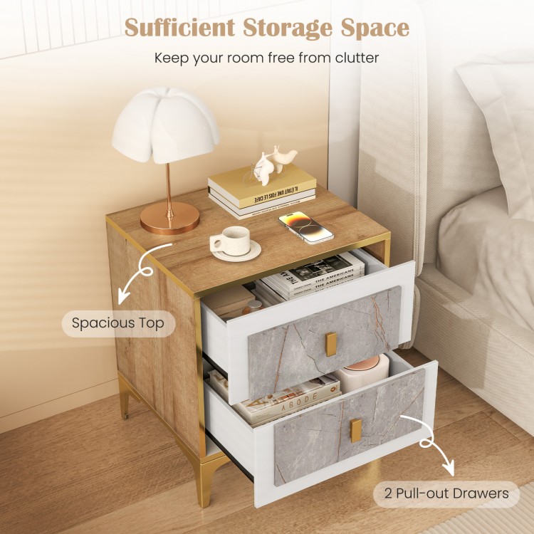 Nightstand with 2 pull-out drawers, spacious top, and elegant marble motifs for stylish bedroom organization.