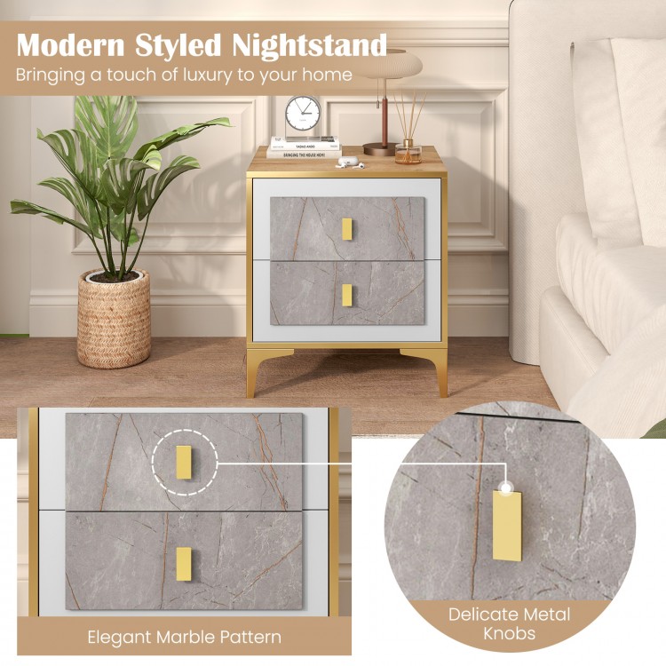 Modern nightstand featuring elegant marble patterns, two pull-out drawers, and durable metal legs for bedroom or living.