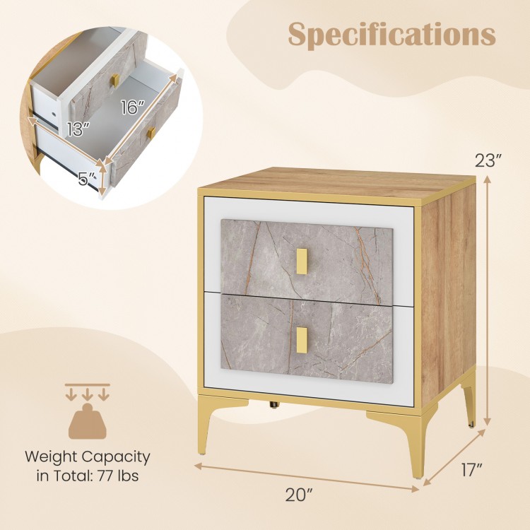Nightstand with 2 pull-out drawers, elegant marble design, metal handles, and sturdy legs for bedroom or living room.
