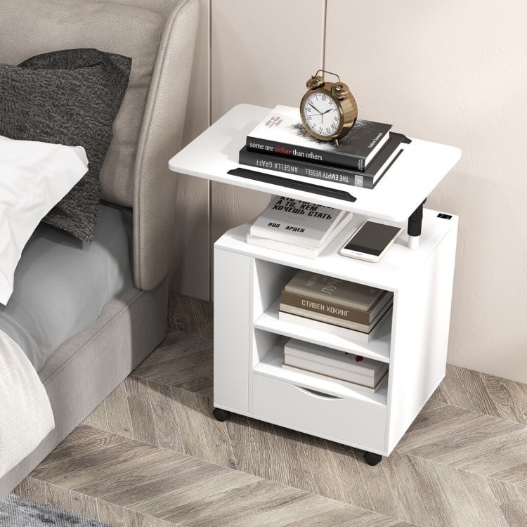 White nightstand bedside table with swivel laptop tray, charging station, LED lights, and adjustable height for.