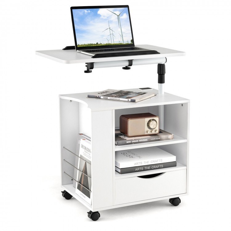 Height-adjustable white nightstand with swivel laptop tray, charging station, and LED lights for versatile use.
