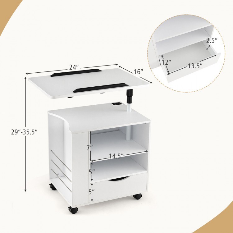 Height-adjustable white nightstand with swivel laptop tray, USB ports, and LED lights, ideal for modern bedrooms.