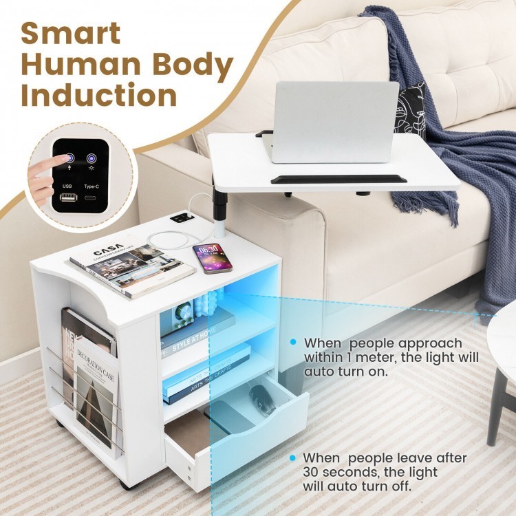 Nightstand bedside table with swivel laptop tray, LED lights, charging station, and storage for modern living spaces.