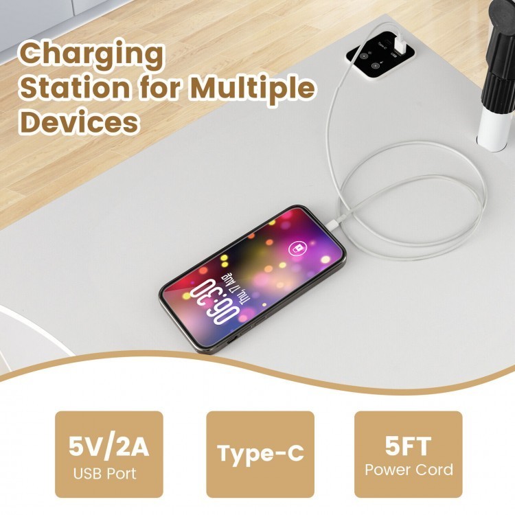Nightstand bedside table with charging station, USB ports, and adjustable LED lights for convenient device charging.