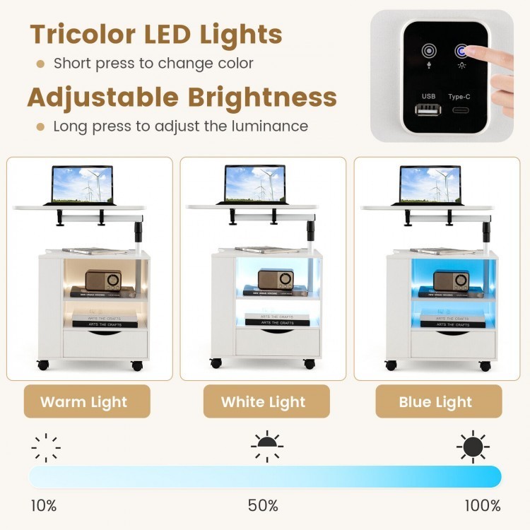 Nightstand bedside table with tricolor LED lights, adjustable height, and charging station for versatile use.