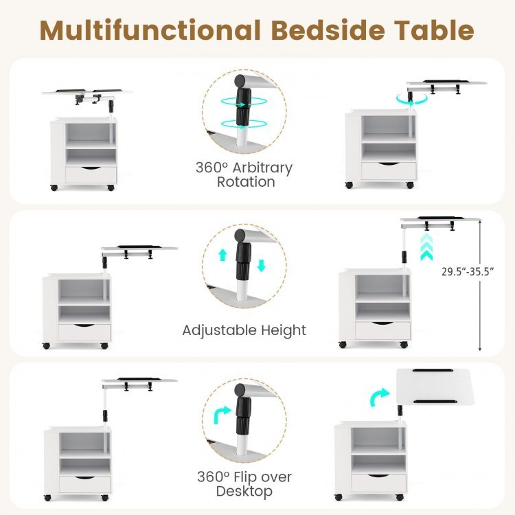 Adjustable height nightstand bedside table with swivel laptop tray, USB ports, and LED lights for versatile use.