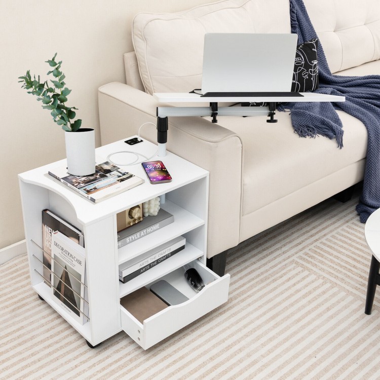 Swivel laptop tray nightstand in white with charging station, LED lights, and adjustable height for versatile use.
