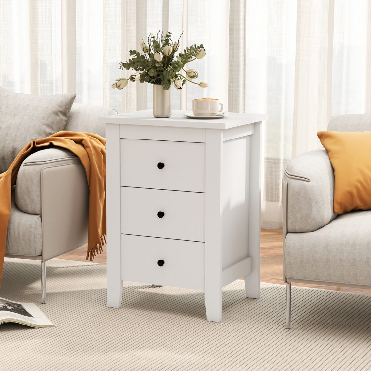 Modern white nightstand with three drawers, perfect for storage in any room, enhancing home décor and saving space.