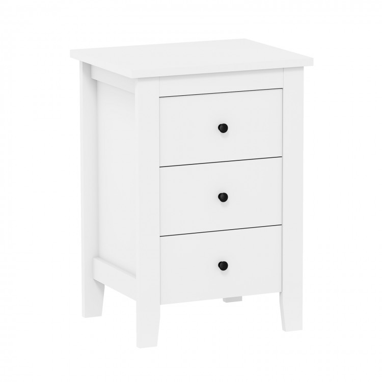White nightstand with three sliding drawers and black handles, perfect for modern bedroom storage and decor.