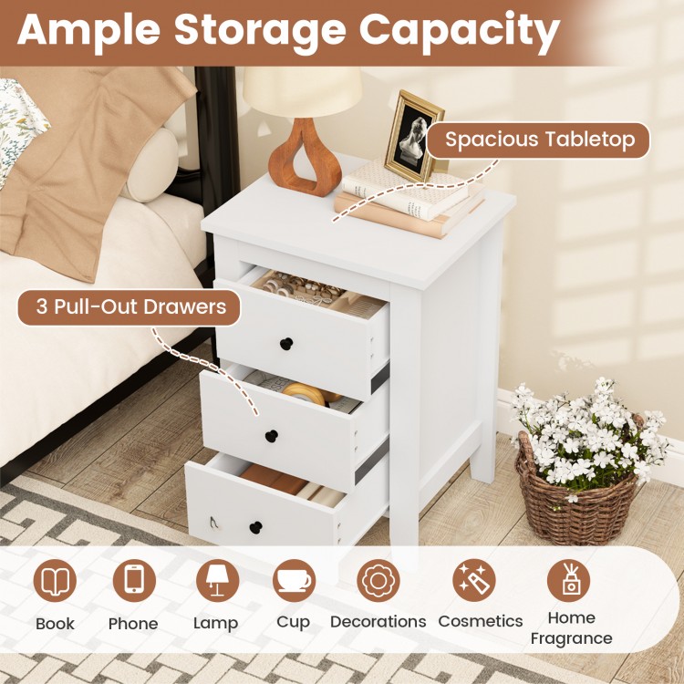 White nightstand with three pull-out drawers, spacious tabletop, perfect for modern bedroom storage and home décor.