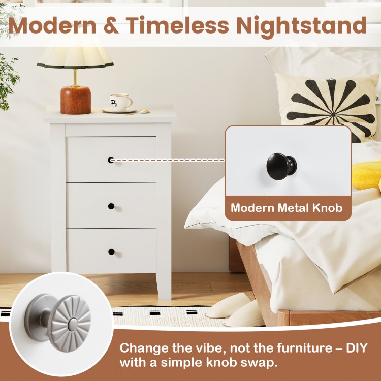 Modern white nightstand with three drawers, featuring a stylish design and space-saving storage for bedroom decor.