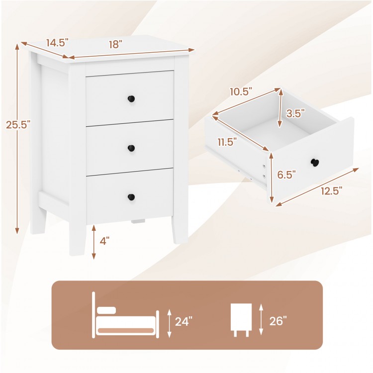 White nightstand with three drawers, featuring a modern design and space-saving dimensions for versatile bedroom.