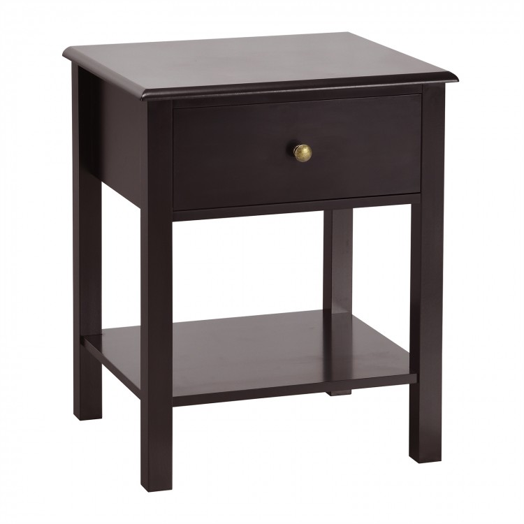 Brown nightstand end table with a drawer and open shelf, perfect for bedside storage and decor in any room.