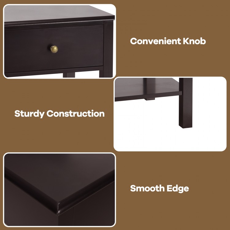 Nightstand end table in brown with a drawer, open shelf, sturdy construction, and smooth edges for bedside storage.