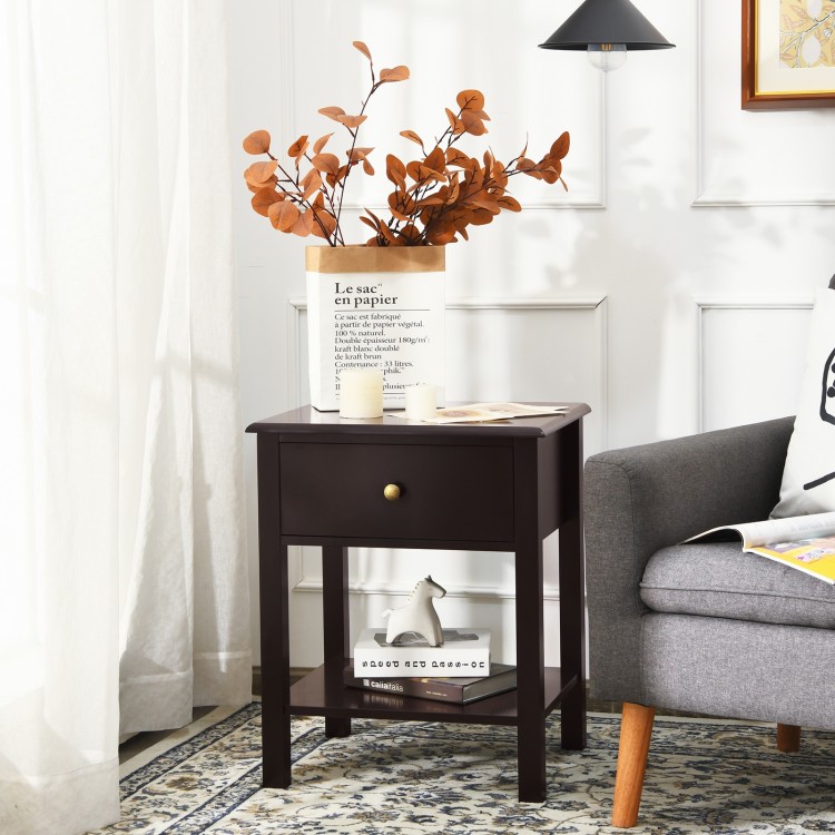 Brown nightstand end table with drawer and shelf, ideal for bedside storage and decor in compact spaces.